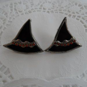 Black Stain Glass Silver Tone Orange Rhinestones Witches Hat Clip On Earrings